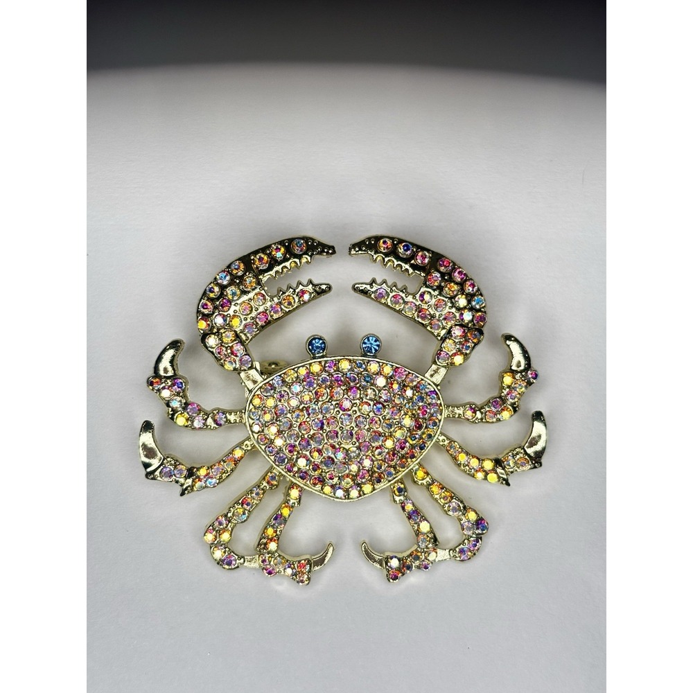 Crab Brooch AB Rhinestone Gold Tone Blue Eyes Beach Ocean Sea Life Pin 2"